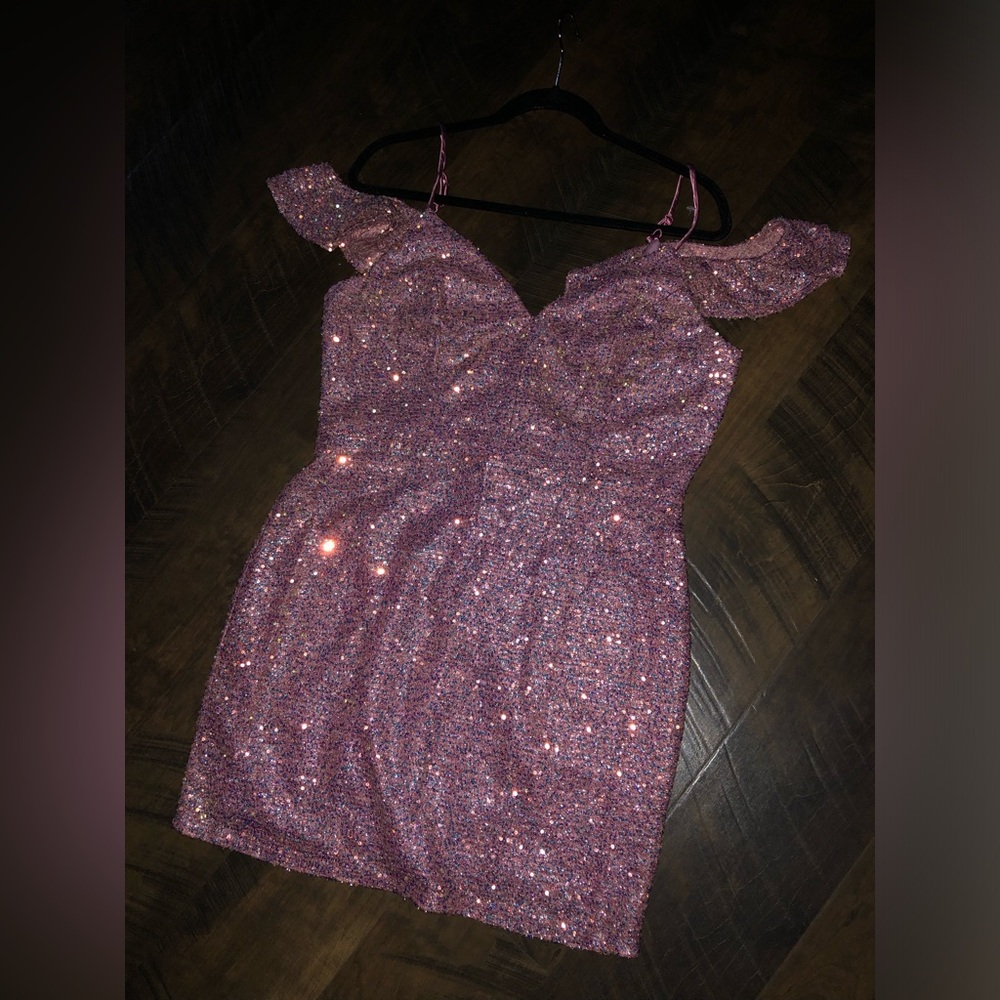 Crystal Doll mauve sequin dress with off shoulder straps, juniors size 15, nwot